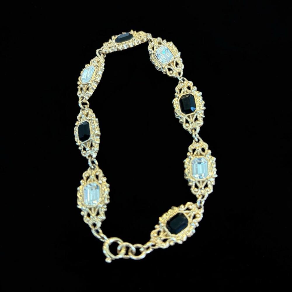 1928 Black Clear Crystal Bracelet Gold Filigree Art Deco Glam 7.5”